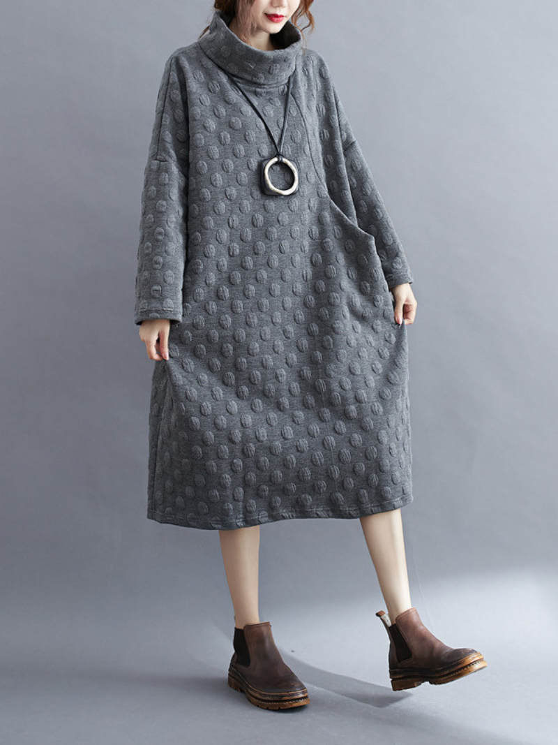 Women's Polka Dot High Collar Mid-Length Shirt Dress