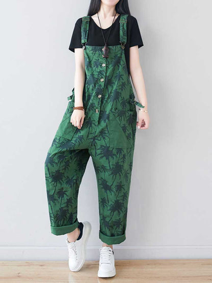 Palm Print Cotton Overalls - Adjustable Workwera | Eva Trends