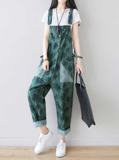 Palm Print Cotton Overalls - Adjustable Workwera | Eva Trends
