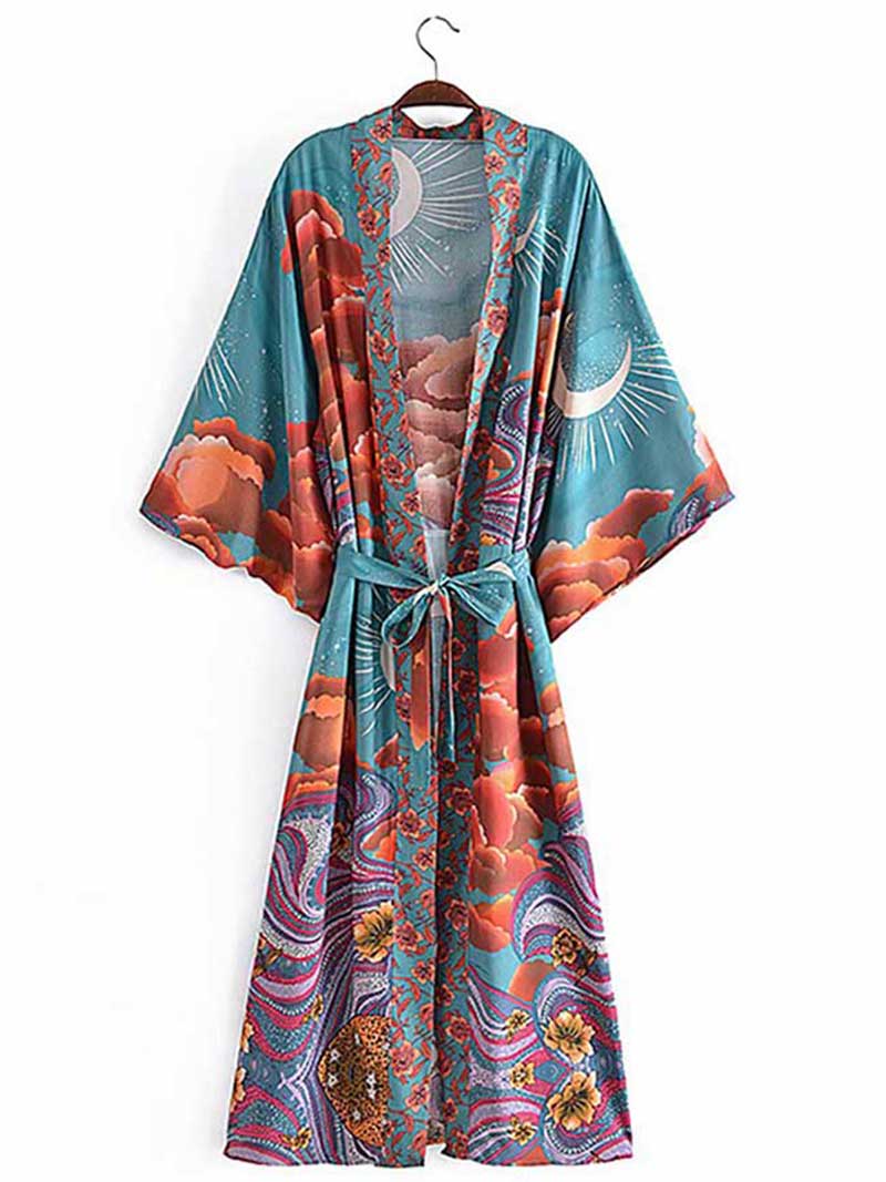 Elegant Silk Floral Moon Print Kimono | Eva Trends