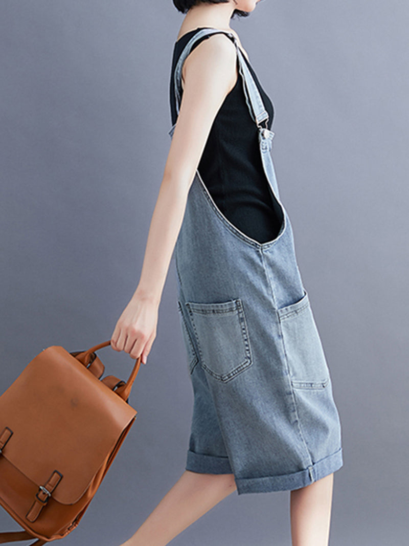 Bib Front Denim Romper Dungarees | Knee-Length Design