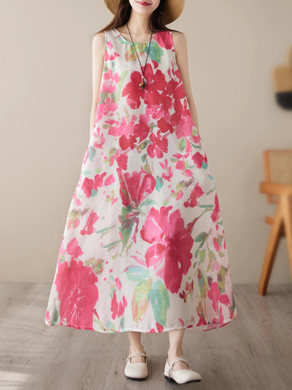 Artistry on Fabric Women's Sleeveles Side Pocket Floral A-Line Dress