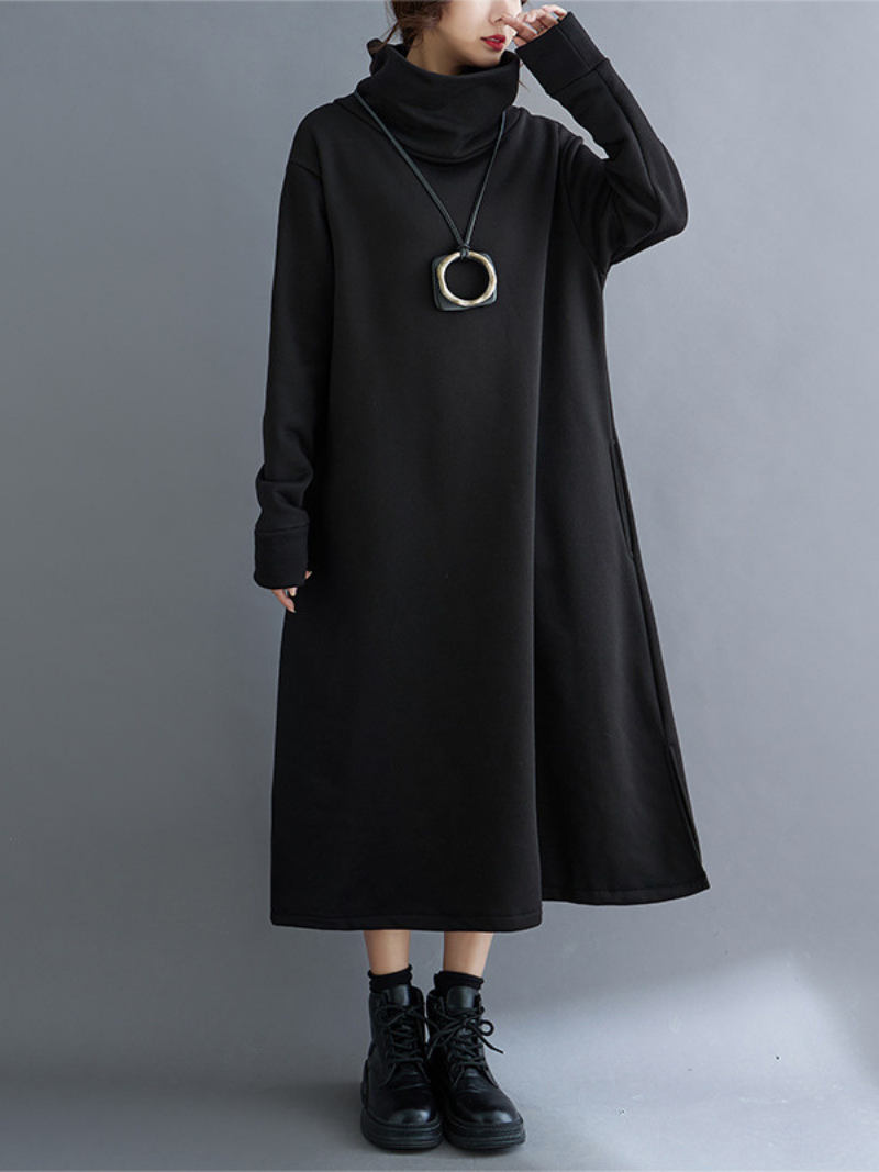 Women's Loose High-Neck Side Pockets A-Line  Dress