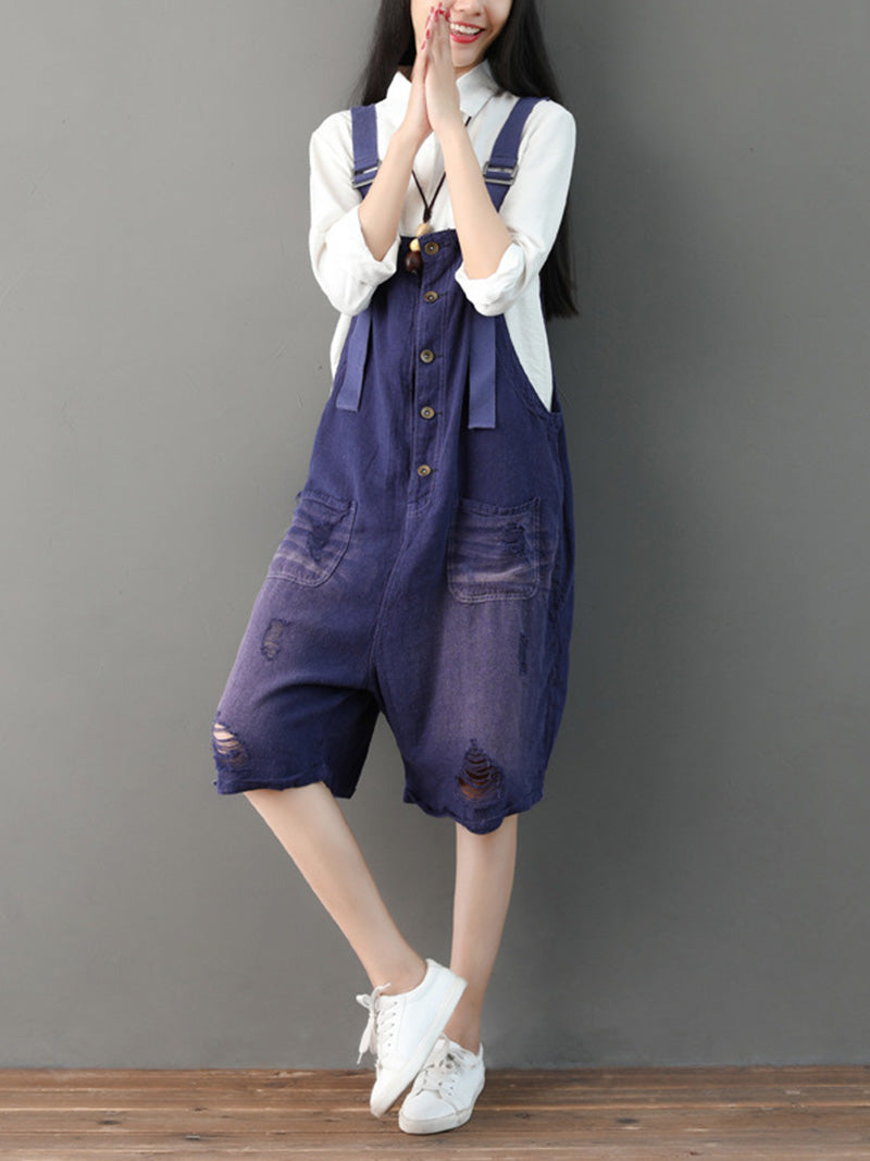 Vintage Wash Cotton Romper Dungarees - Button Front