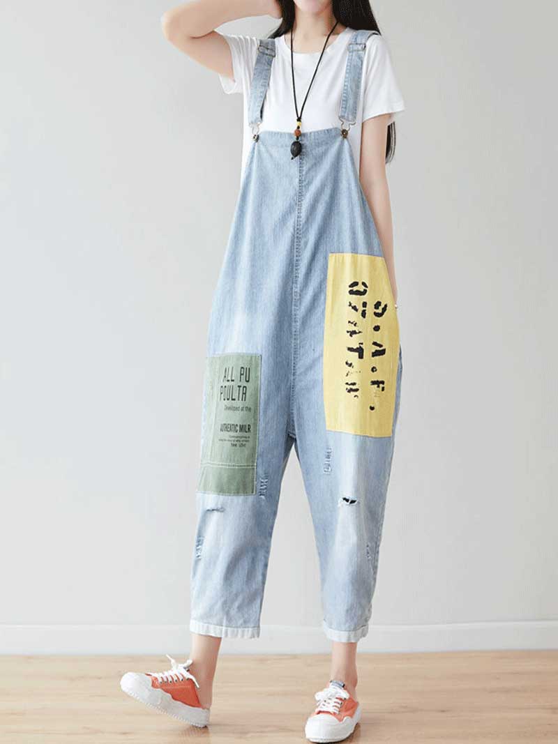 Drop Crotch Denim Dungarees with Adjustable Straps