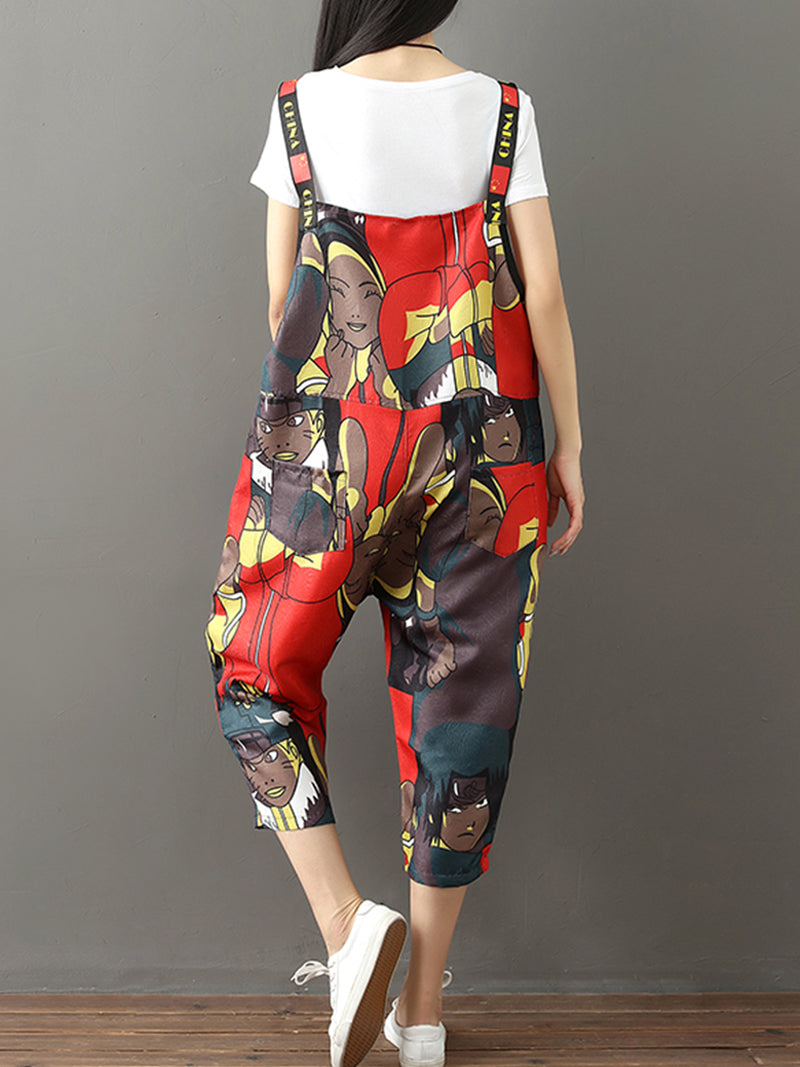 Graphic Character Print Dungarees - Wide Leg Cropped Fit