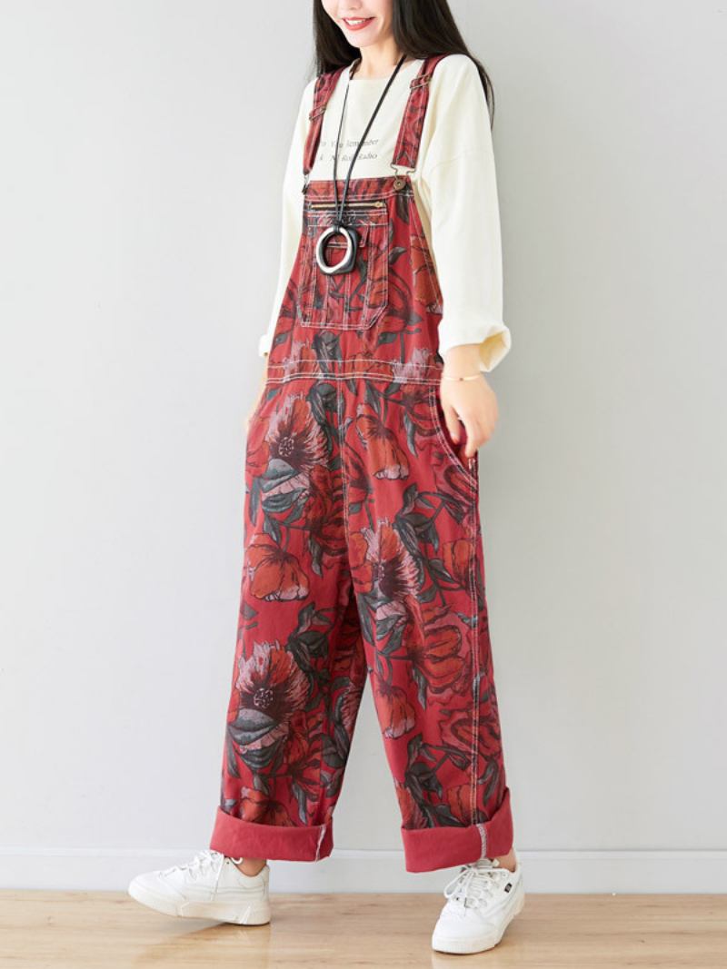 Relaxed Women's Printed Loose Fit Denim Dungarees - Eva Trends