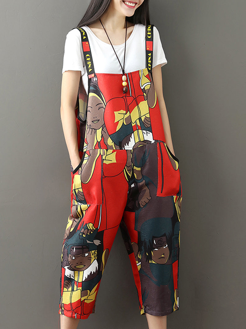 Graphic Character Print Dungarees - Wide Leg Cropped Fit