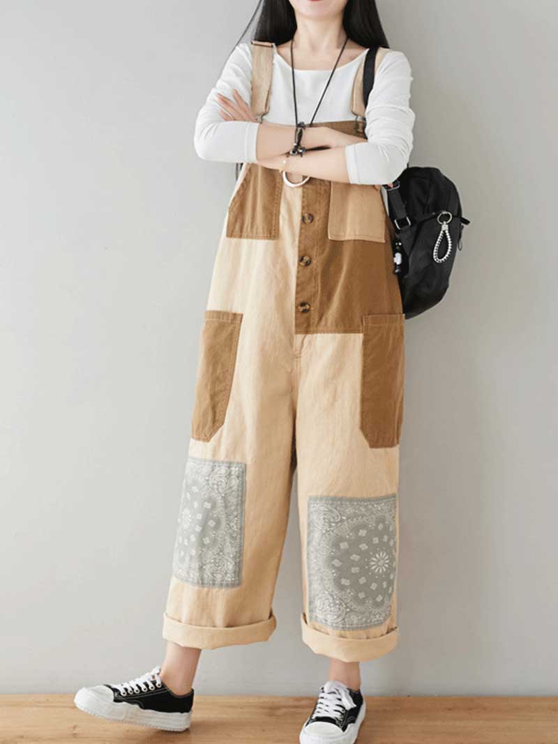 Button Front Denim Dungarees with Contrast Panel Details