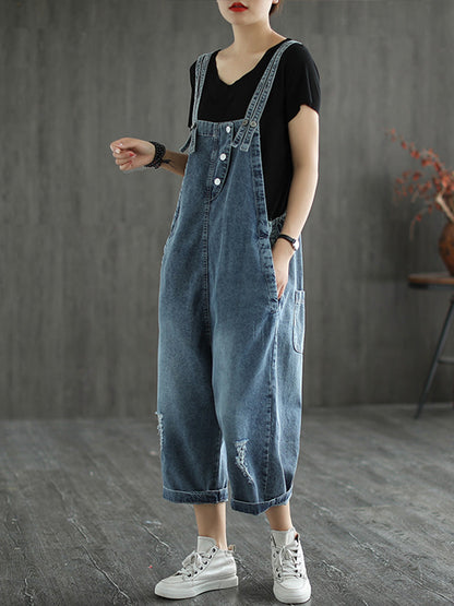 Floral Side Panel Denim Dungarees - Wide Leg Fit