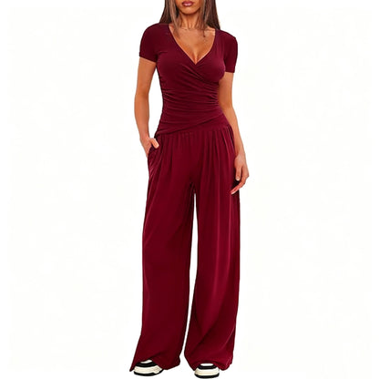 2 Pieces Women's V Neck Short-sleeve Sportswear Top And Wide-leg Pants Set Casual Comfortable Outfit Set For Daily Wear Gym Sports Outfit