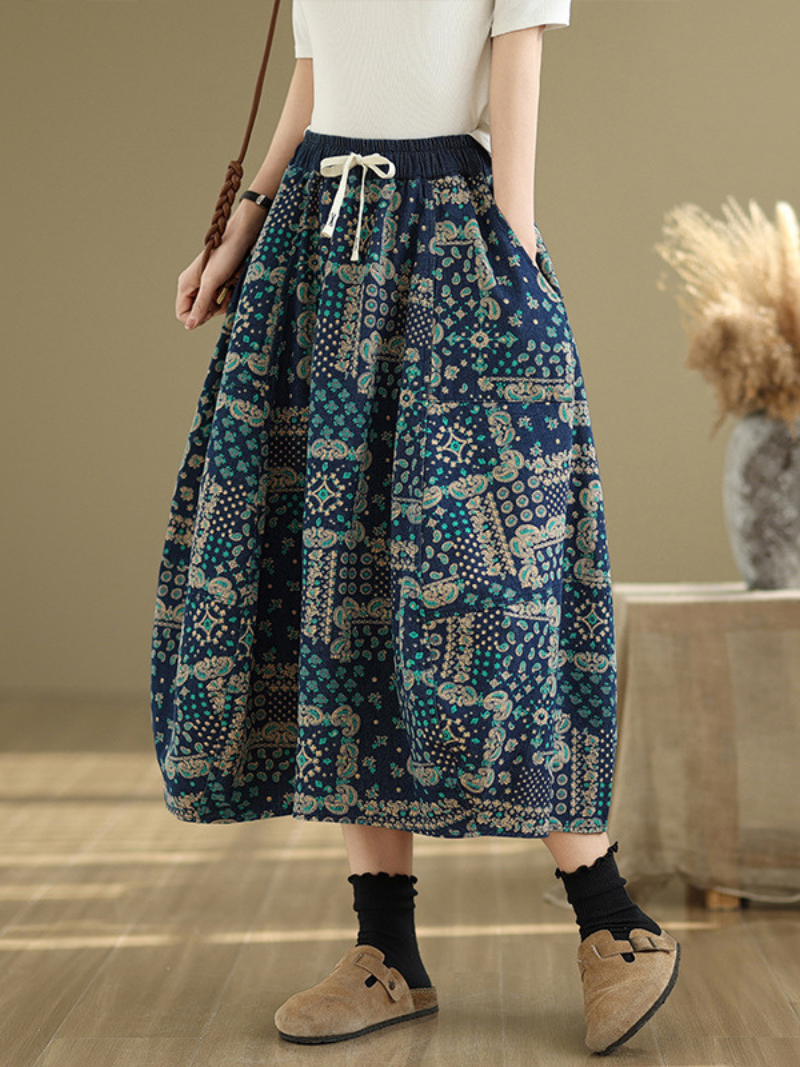 Women's Casual Loose Waist  Flower Bud Retro Side Pocket Skirt