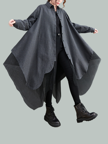 Women Autumn Loose Fashion Striped Mesh Mid-Length Button Shirt Dress