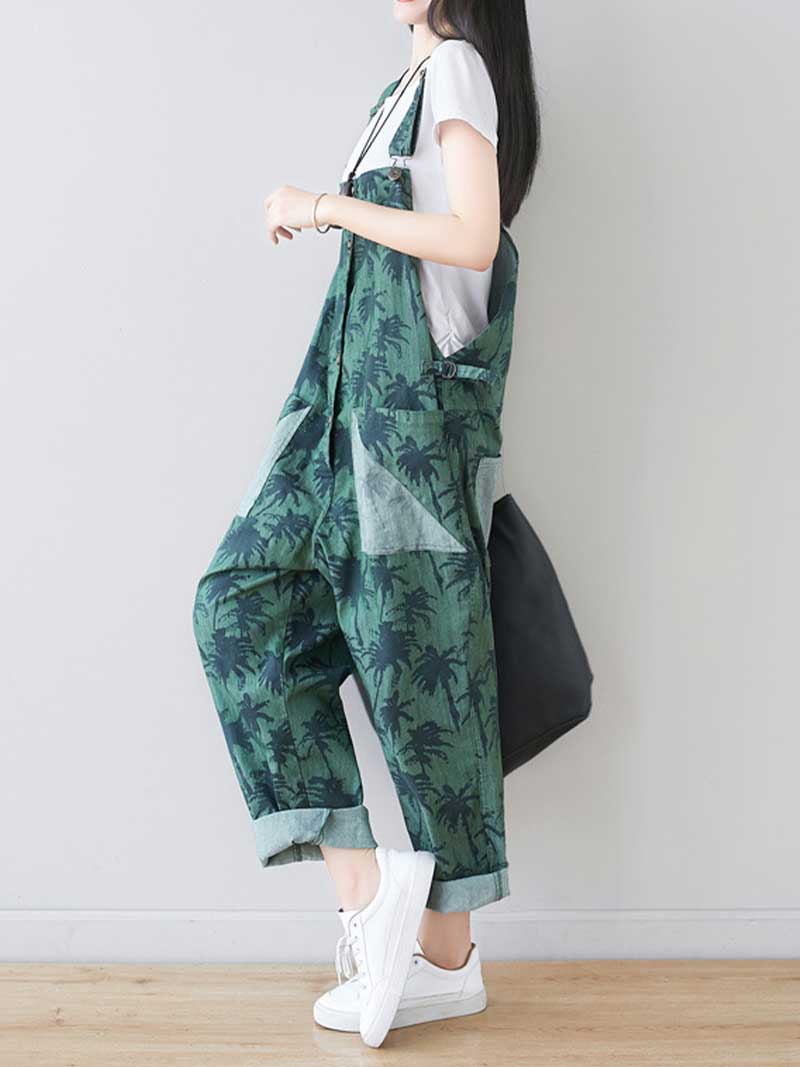 Palm Print Cotton Overalls - Adjustable Workwera | Eva Trends