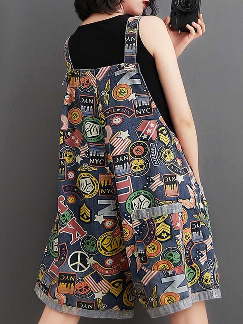 Graphic Print Short Dungarees - NYC Patchwork Denim Style
