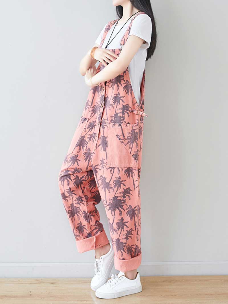 Palm Print Cotton Overalls - Adjustable Workwera | Eva Trends