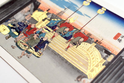 Cozyca - Utagawa Hiroshige - Foil-stamped Postcard - Nihonbashi, one of the Fifty-three Stations of the Tokaido