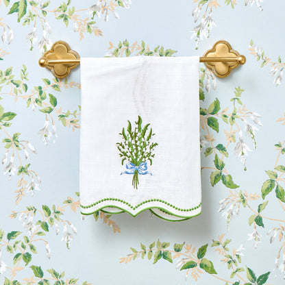 White Lily of the Valley Embroidered Linen Hand Towel