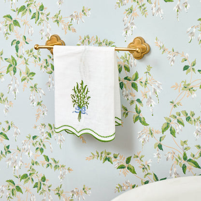 White Lily of the Valley Embroidered Linen Hand Towel