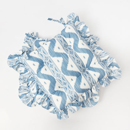 Frilled Blue Ikat Seat Pad Cushions (Set of 4)