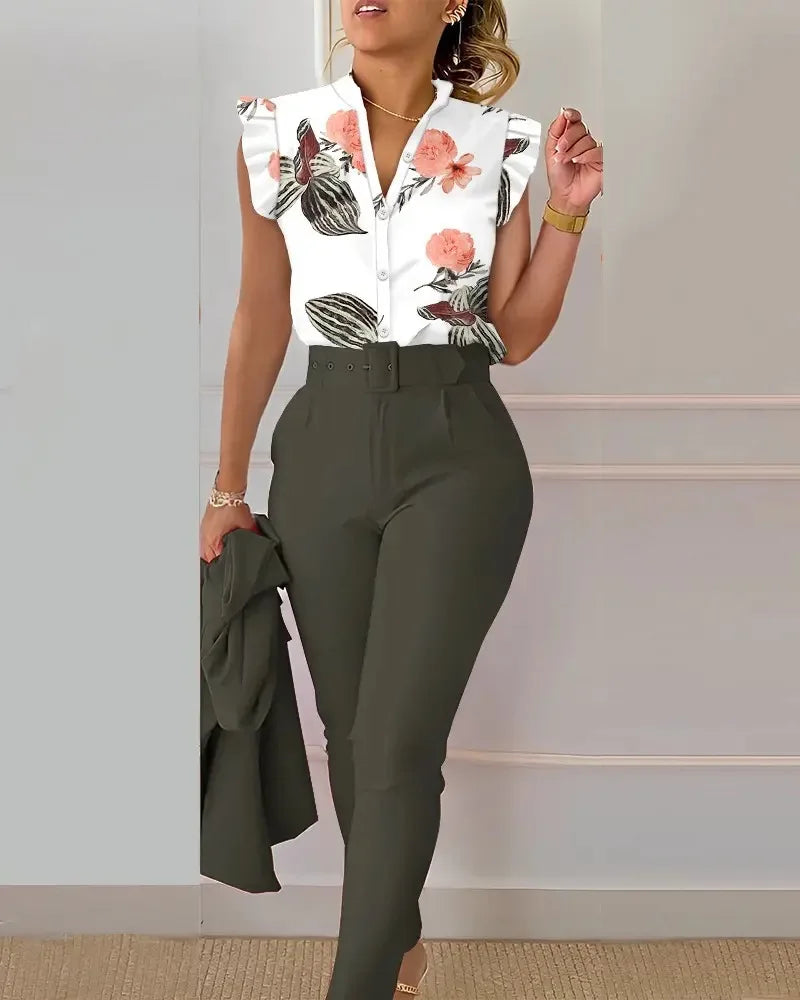 Elegant Women Two Piece Set Suits New Fashion Printed Ruffle Sleeve Top Solid Color Pants Set With Belt  Blouses Female Clothing