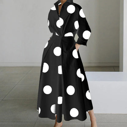 Fashion Dress Women Spring New Long Sleeve Turn-down Collar High Waist Print Button Elegant Big Hem Loose Commute Female Dress