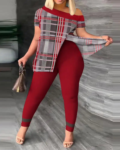 Elegant Women Two Piece Set Suits New Fashion Printed Ruffle Sleeve Top Solid Color Pants Set With Belt Blouses Female Clothing