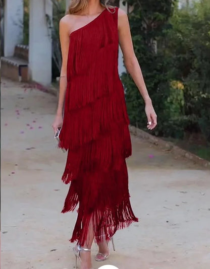 Spring and Summer New Fashion Fringed Slanted Shoulder Asymmetrical Dress for Women
