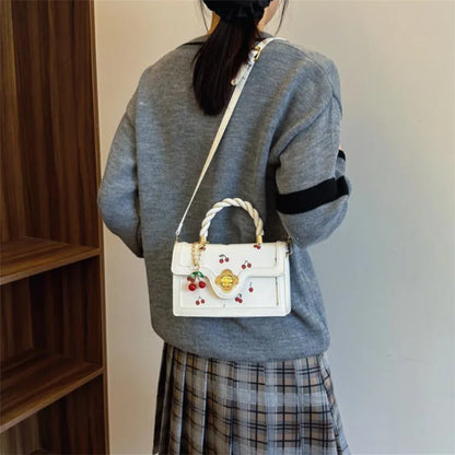Cute Cherry Printed Handbag Shoulder Bag, Woven Handle Square Tote Bag, Fresh Design Women's Crossbody Bag, Stylish Women Bag