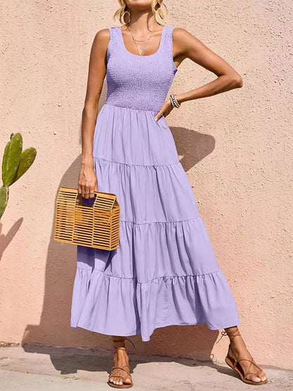 Dresses For Women 2024 Summer Sexy Elegant Sleeveless Floral Solid Color Long Dress Fashion Elastic Waist Beach Party Big Swing