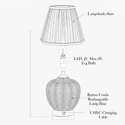 Rattan Ursula Rechargeable Lamp with Green Frilled Silk Shade (18cm)