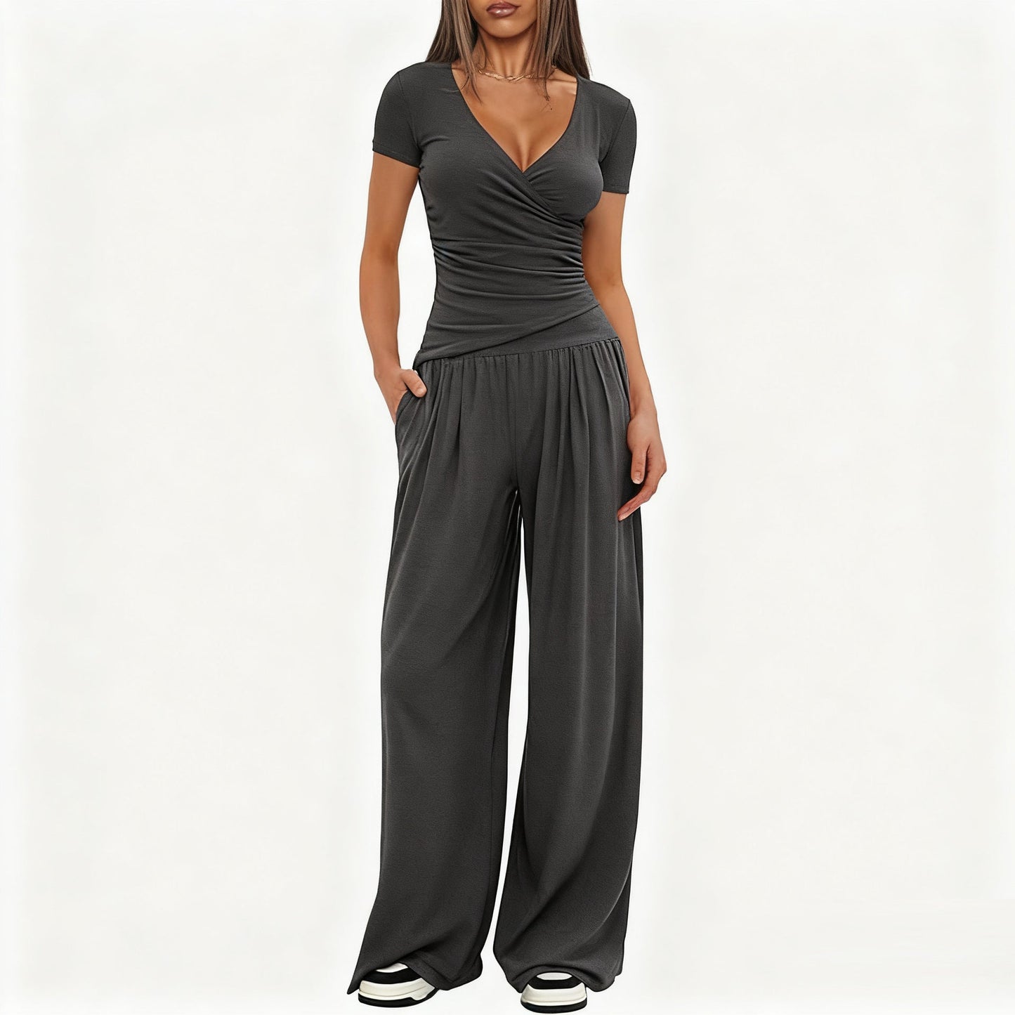 2 Pieces Women's V Neck Short-sleeve Sportswear Top And Wide-leg Pants Set Casual Comfortable Outfit Set For Daily Wear Gym Sports Outfit