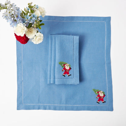 Blue & Red Hand Embroidered Father Christmas Napkins (Set of 4)