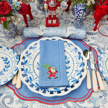 Blue & Red Hand Embroidered Father Christmas Napkins (Set of 4)