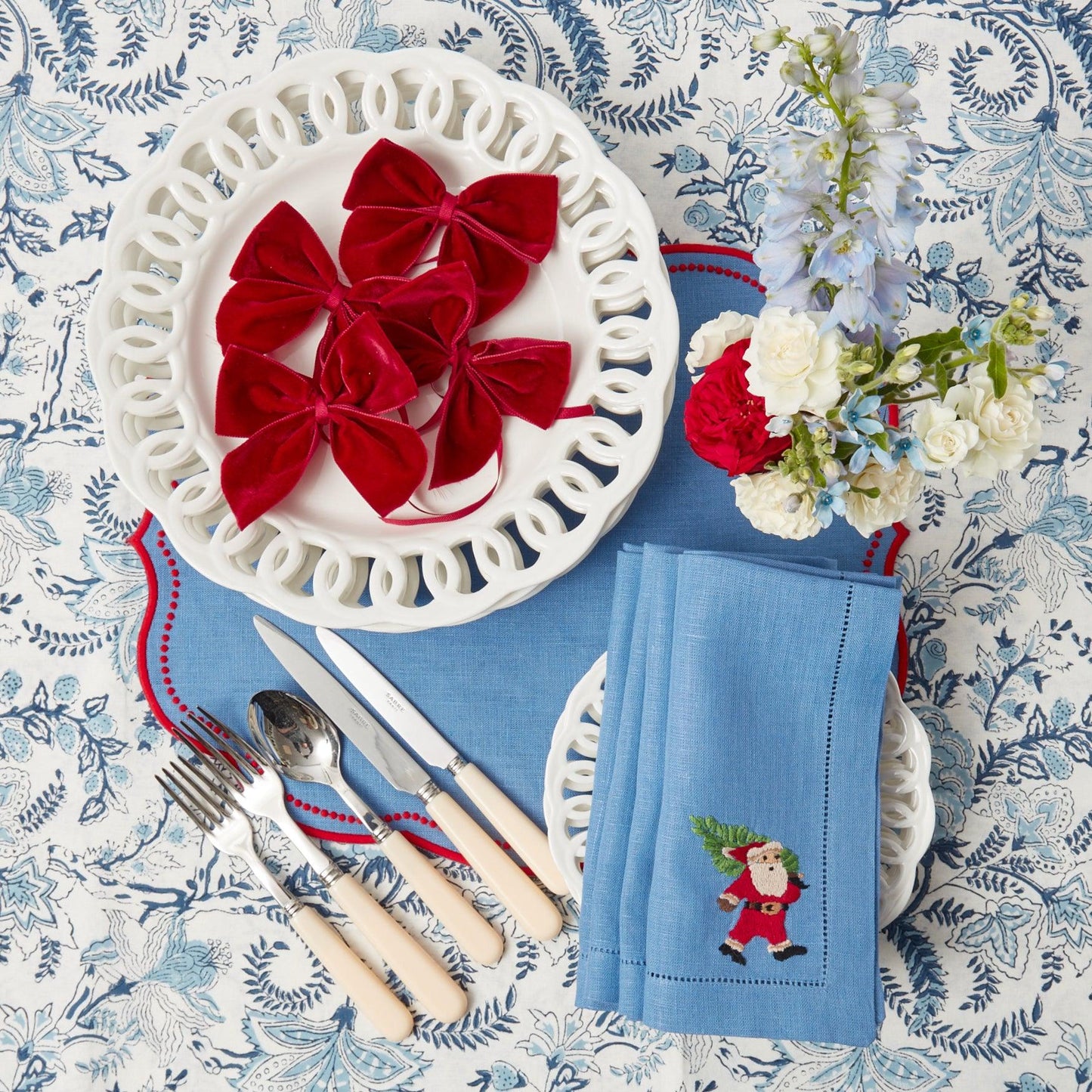 Blue & Red Hand Embroidered Father Christmas Napkins (Set of 4)