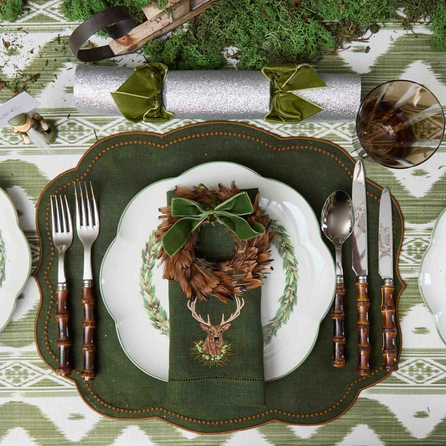 Feather Wreaths with Forest Green Velvet Bows (Set of 4)