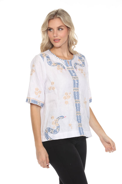 Johnny Was JWLA Split Neck Button Linen Blouse J15124 *
