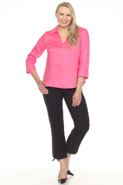 Joseph Ribkoff Collared V-Neck 3/4 Sleeve Linen Top 252933